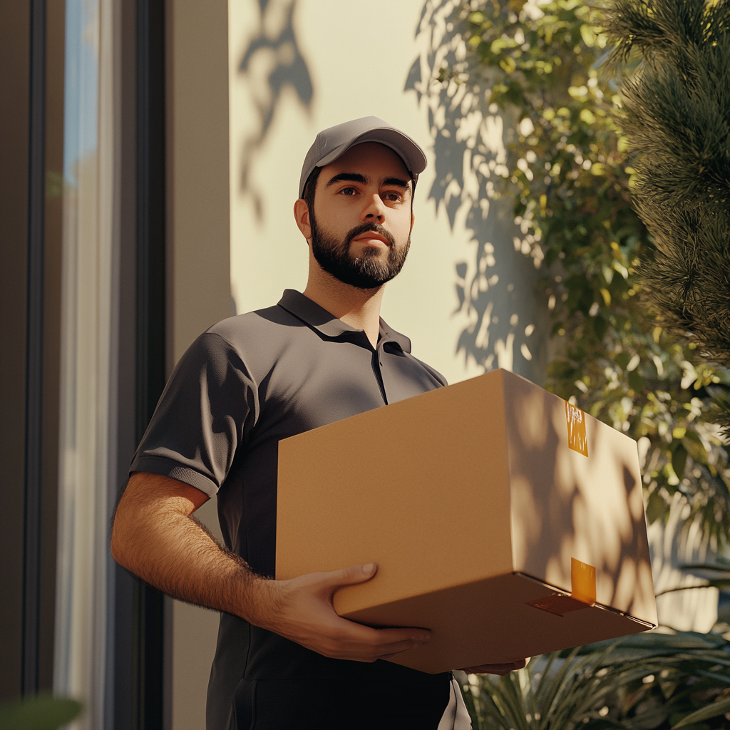 Courier Delivery Guy Rings Doorbell with Brown Box Package