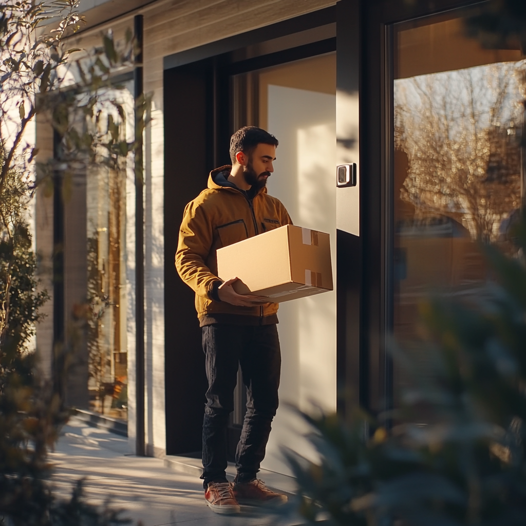 Courier Delivery Guy Rings Doorbell with Package 