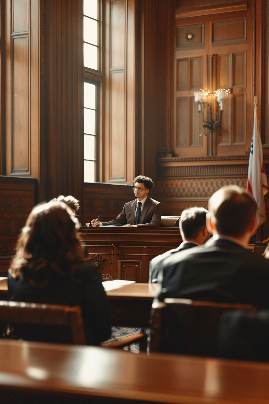 Courtroom with educator practicing speech, judge in background.