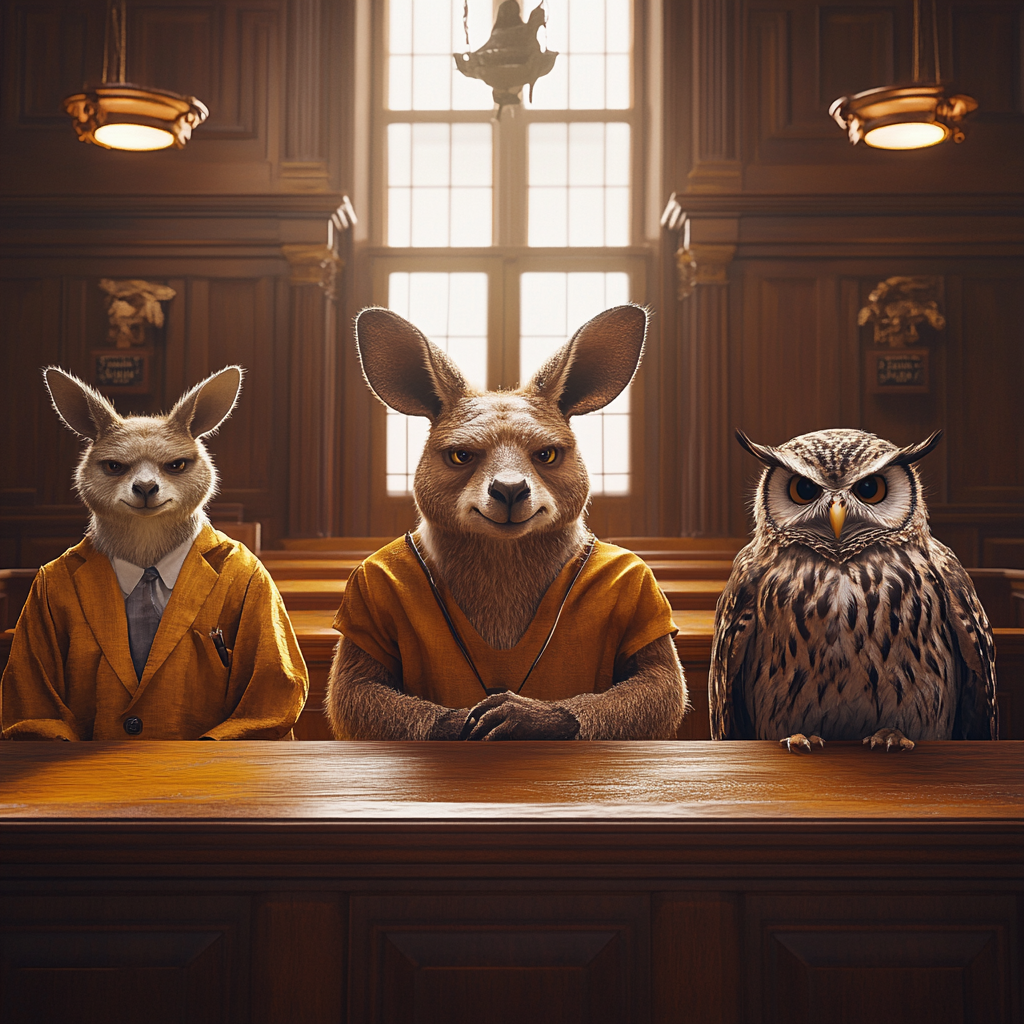 Courtroom with kangaroo judge, lawyer, scruffy owl defendant. Human prosecutor.