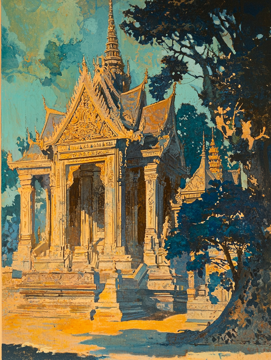 Cover design with Thai architecture, mystery theme, realistic style.