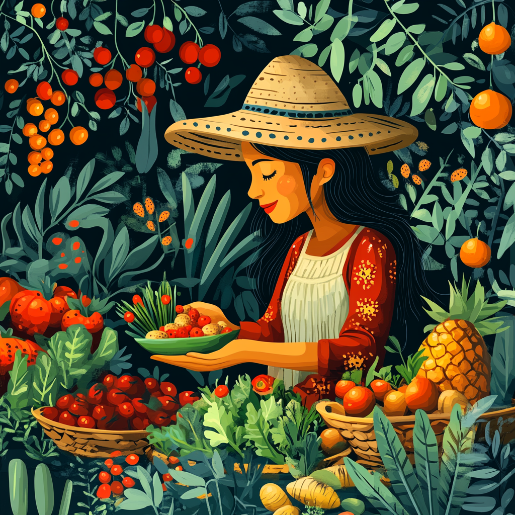 Cover features indigenous woman collecting healthy food in jungle.