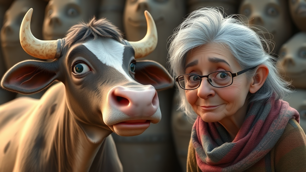 Cow and old woman in Pixar-style drawing.