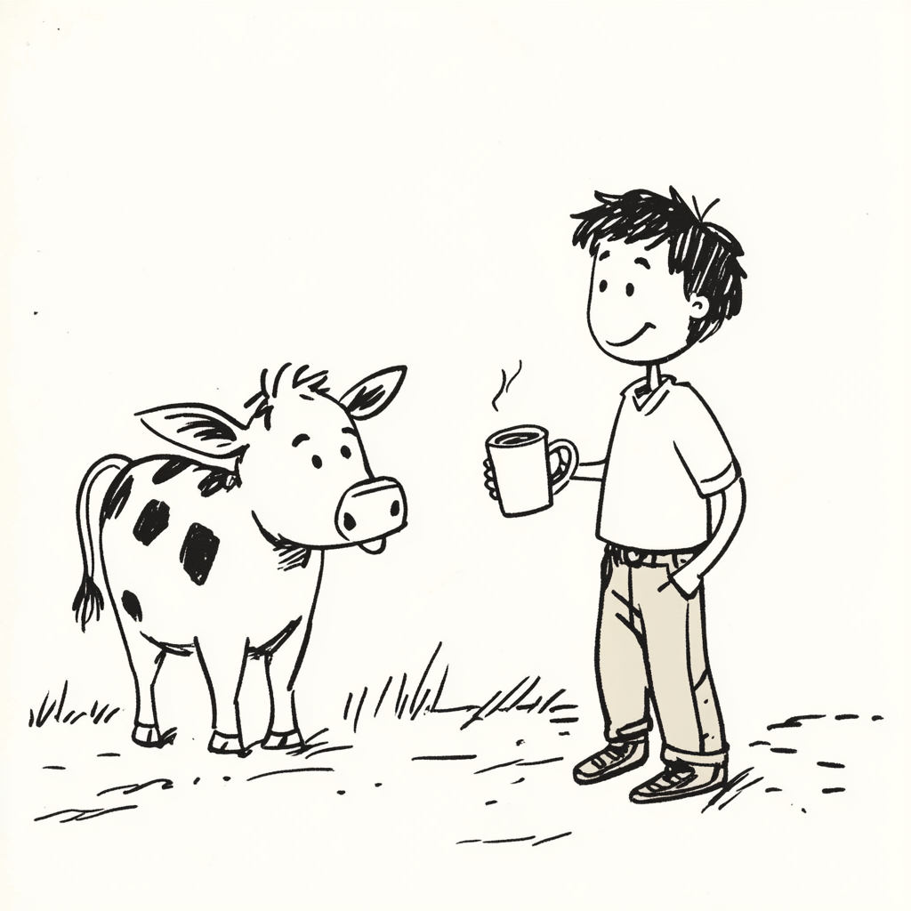 Cow chatting with coffee-drinking farmer in comic drawing