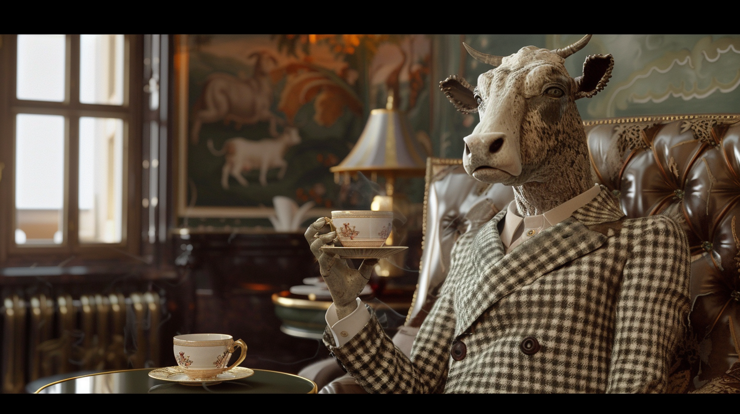 Cow in three-piece suit drinking coffee in elegant room.