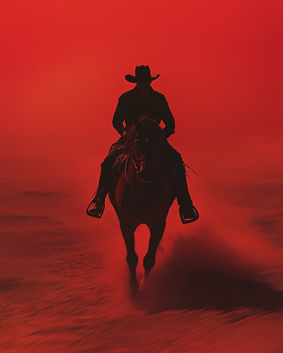 Cowboy Man in Desert on Horse, Red Background Shot