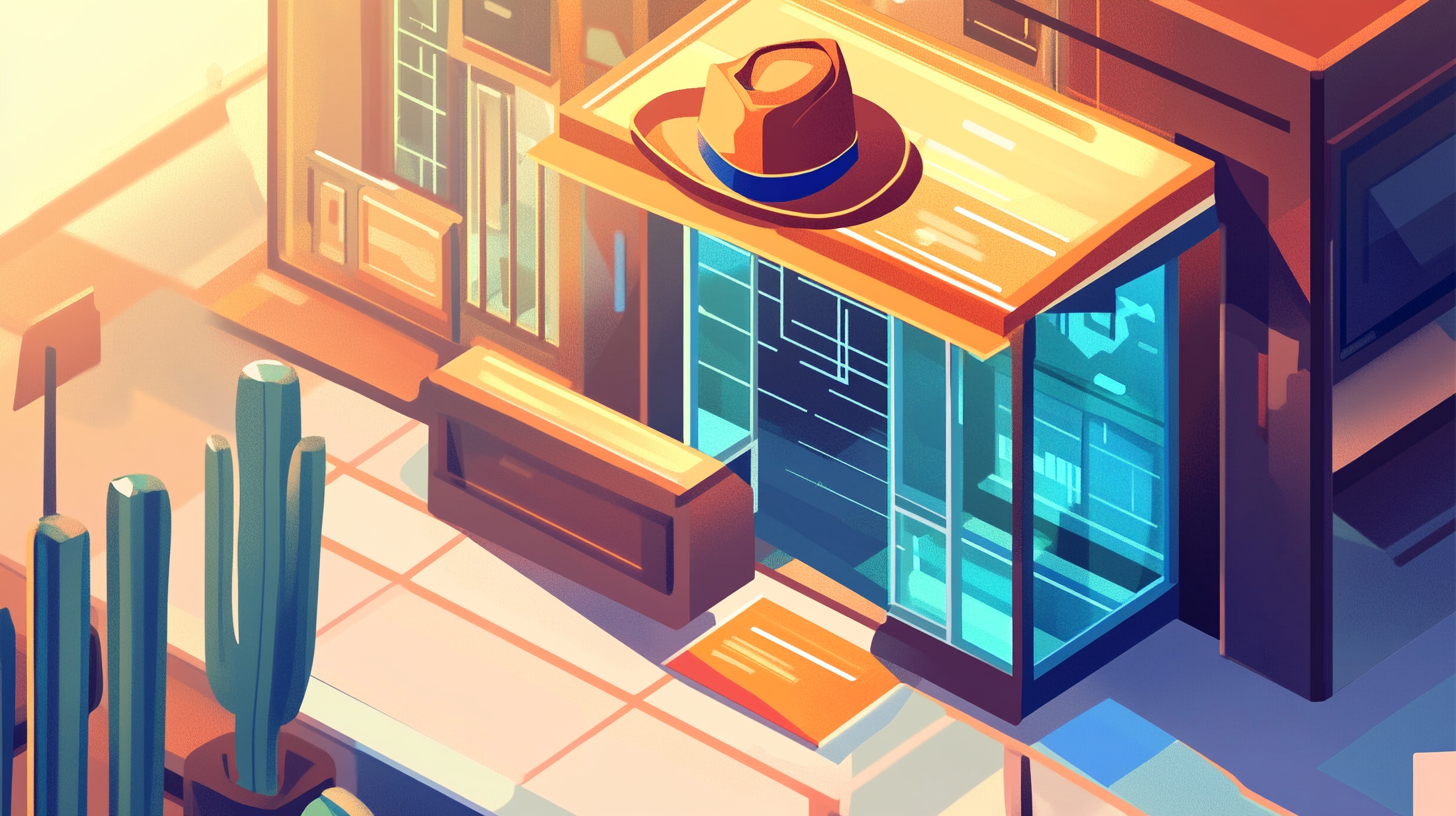 Cowboy hat booth at tech convention with isometric lines.