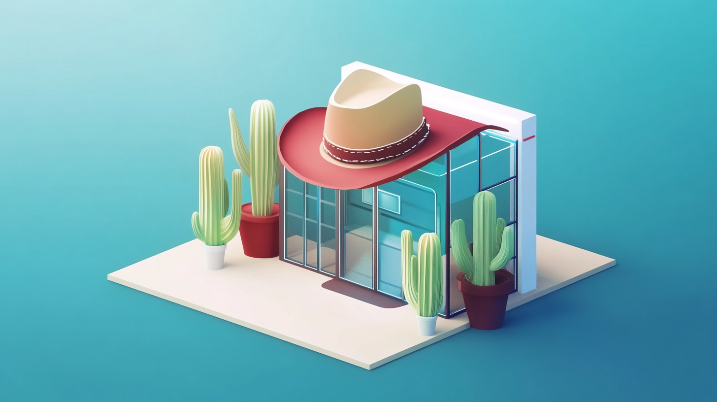 Cowboy hat booth with isometric lines at tech convention.