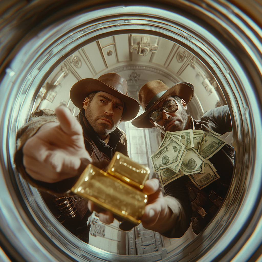 Cowboys robbing vault holding gold bars and cash.