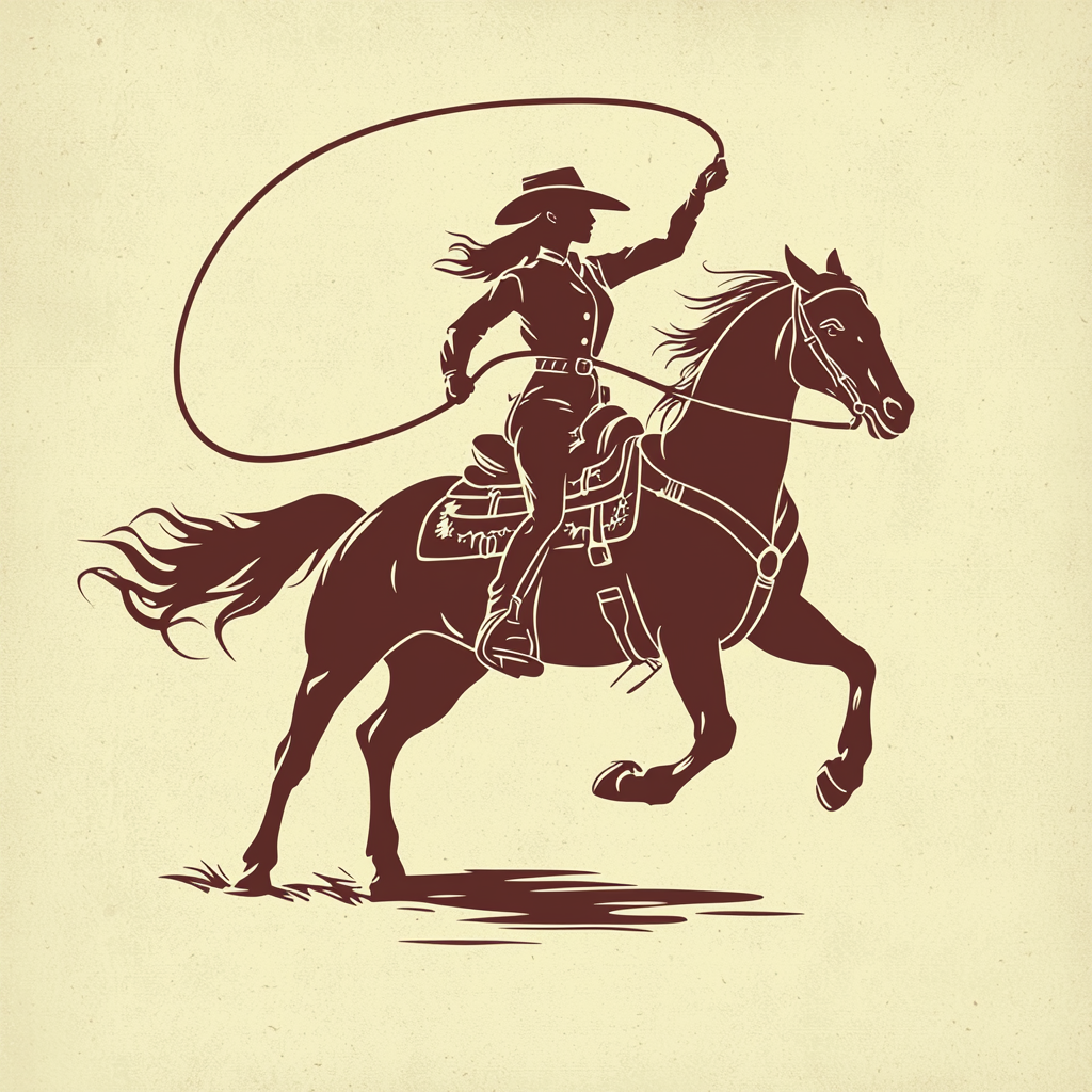 Cowgirl on horseback throwing lasso for western brand logo.