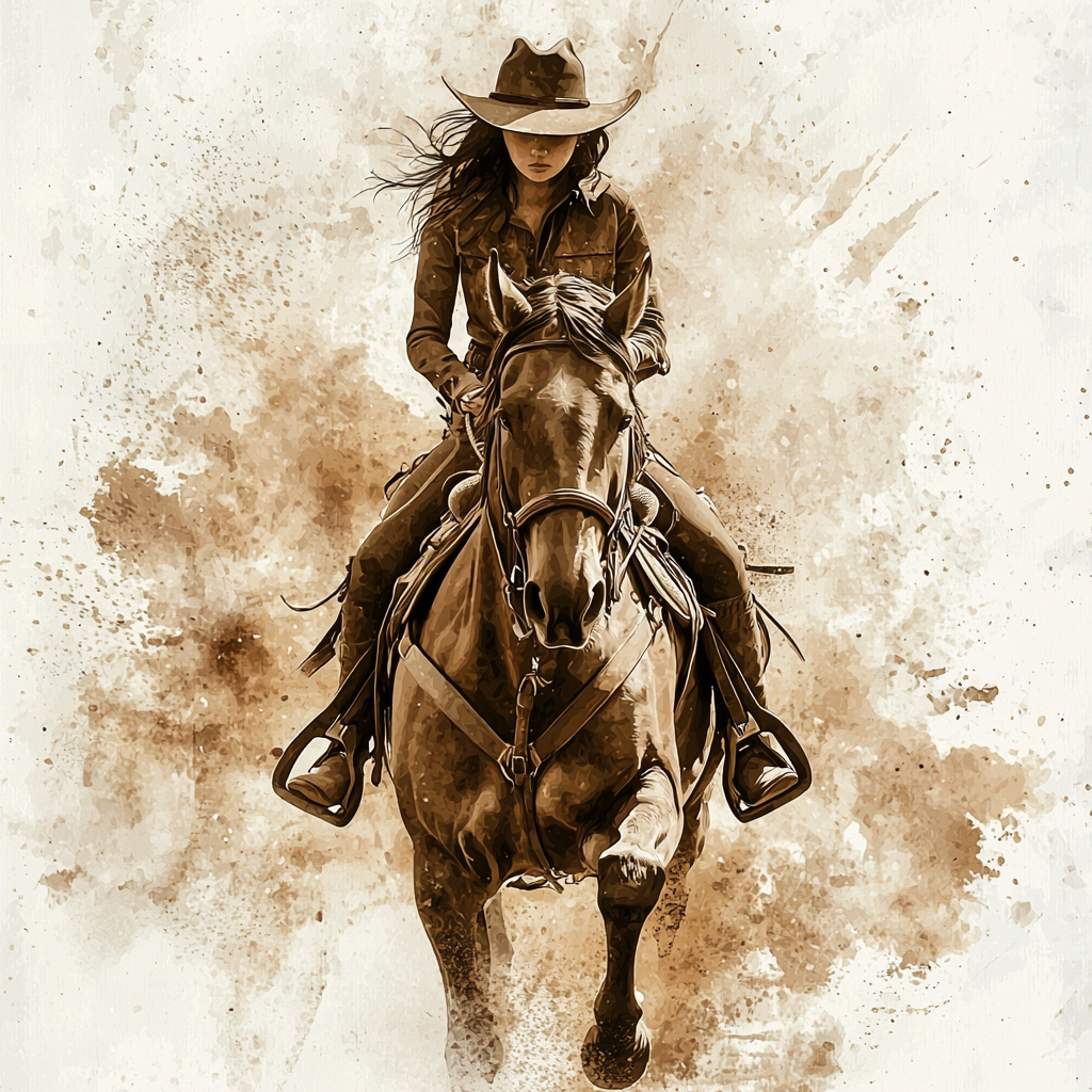Cowgirl riding horse in vintage watercolor style.