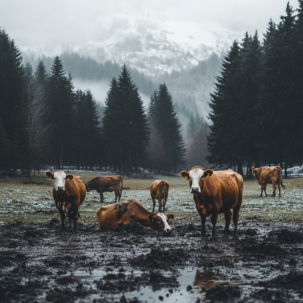 Cows resting and grazing in snowy forest field