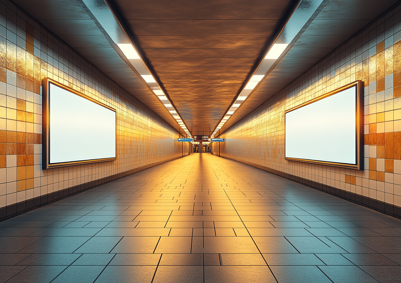 Cozy, clean underground station with big white board.