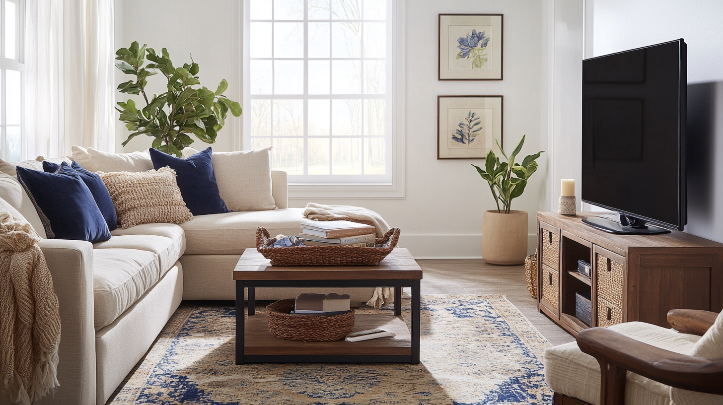 Cozy, inviting living room with stylish color scheme.