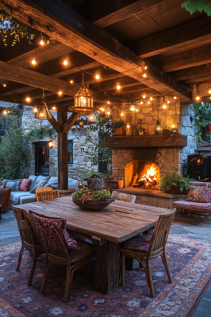 Cozy, rustic patio with reclaimed wood furniture.