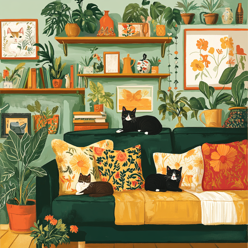 Cozy, vibrant living space with playful, elegant cats.