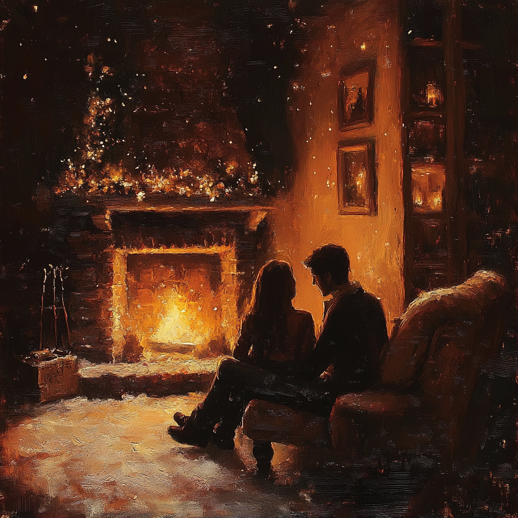 Cozy Album Cover: Couple by Fireplace, Warm Tones