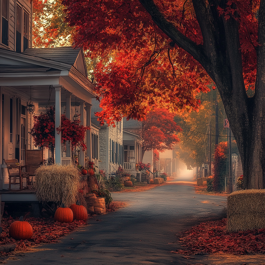 Cozy Autumn Town Street Scene with Glowing Trees