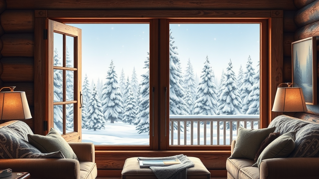 Cozy Cabin Living Room Window in Winter Wonderland