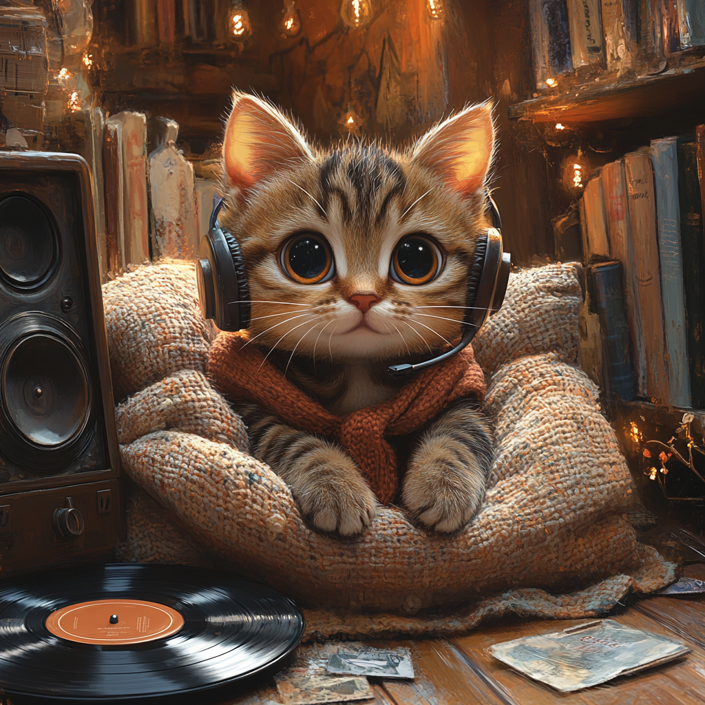 Cozy Cat in Headphones surrounded by Vinyl Records, 3D Cartoon Style