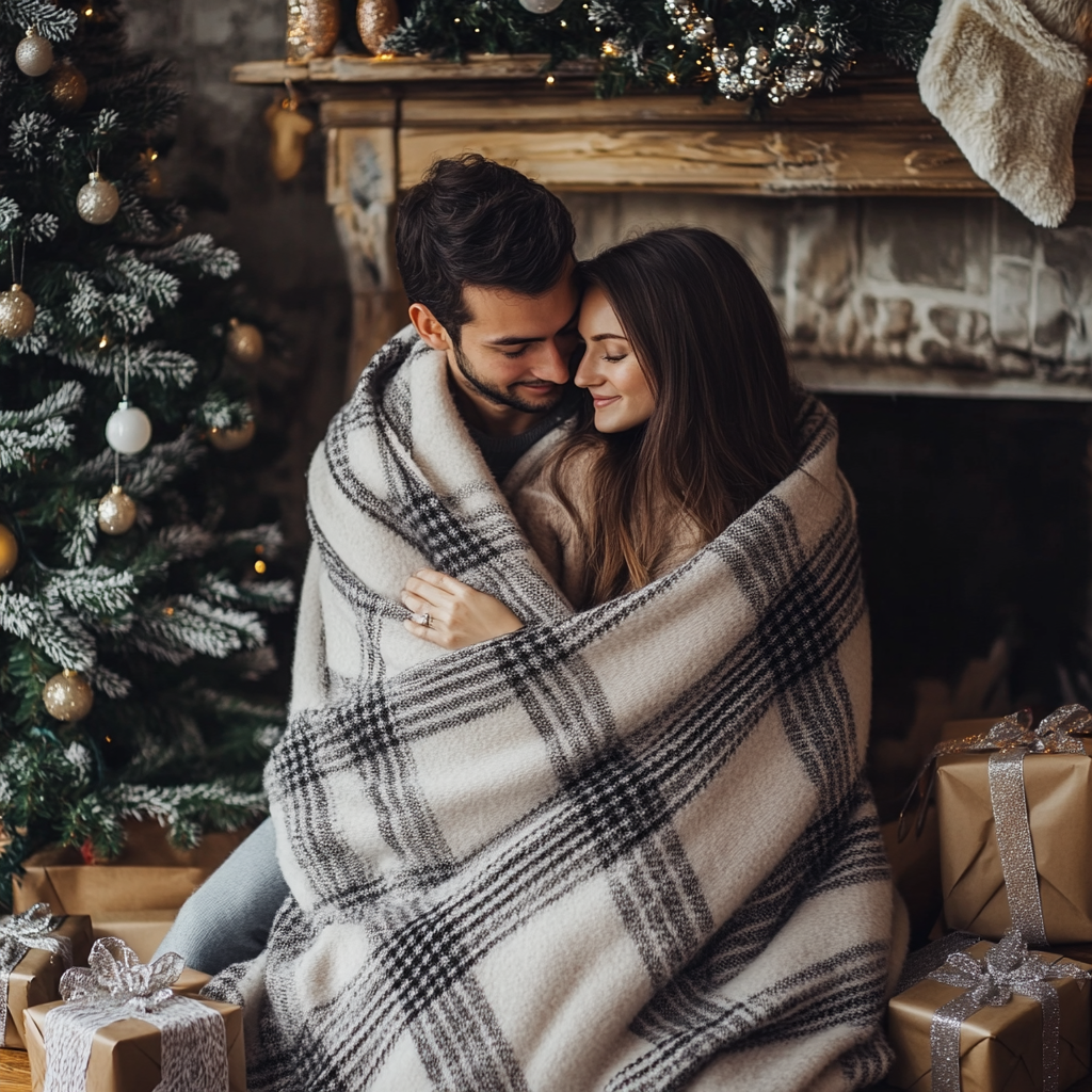 Cozy Christmas Couple Wrapped in Grey Plaid Blanket