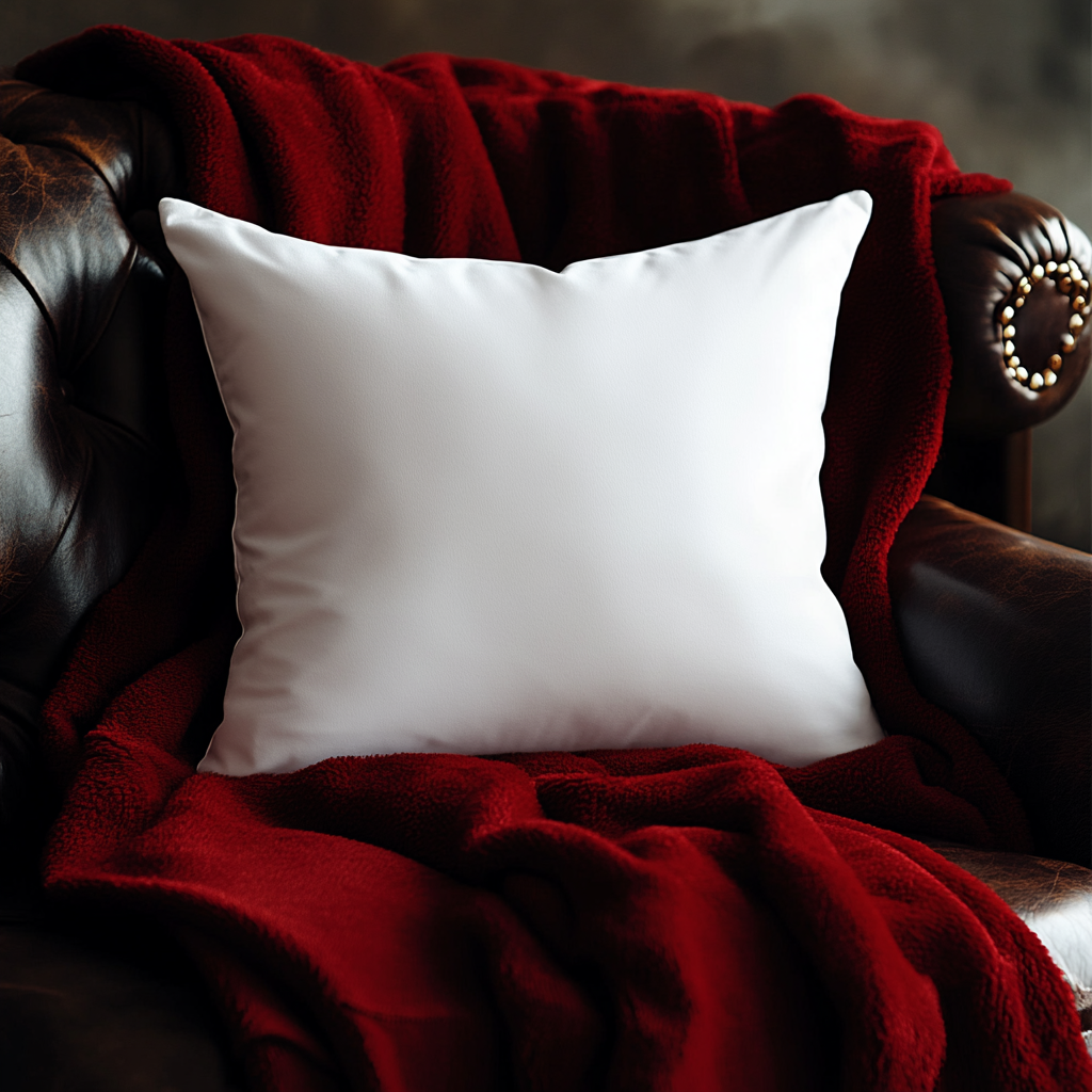 Cozy Christmas Pillow on Dark Leather Couch