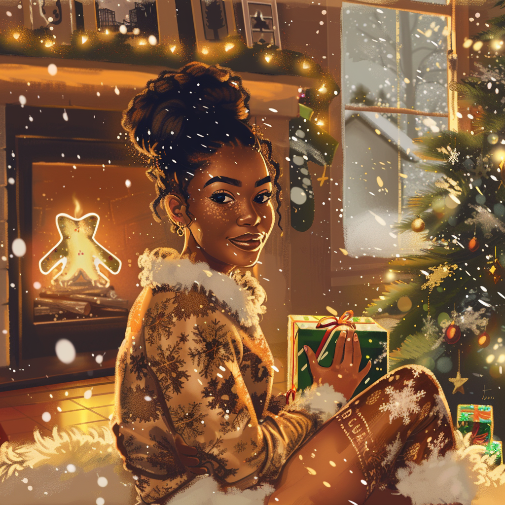 Cozy Christmas Scene with Blessed African American Woman