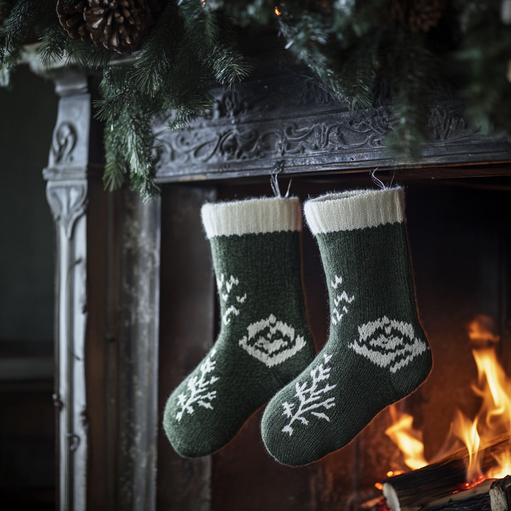 Cozy Christmas Socks Hanging on Fireplace