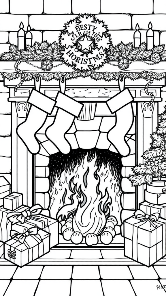 Cozy Christmas fireplace with stockings and presents