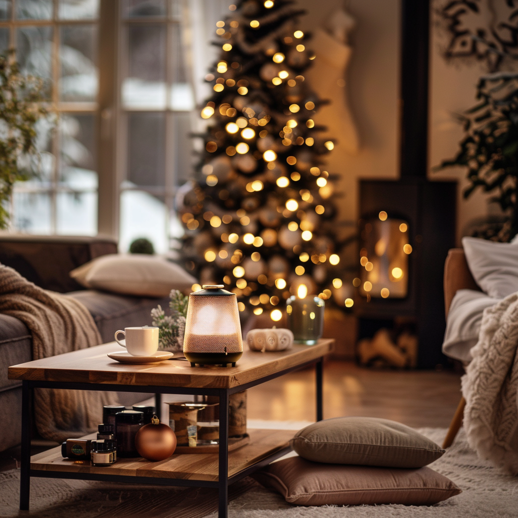 Cozy Christmas living room with beautiful decorations.