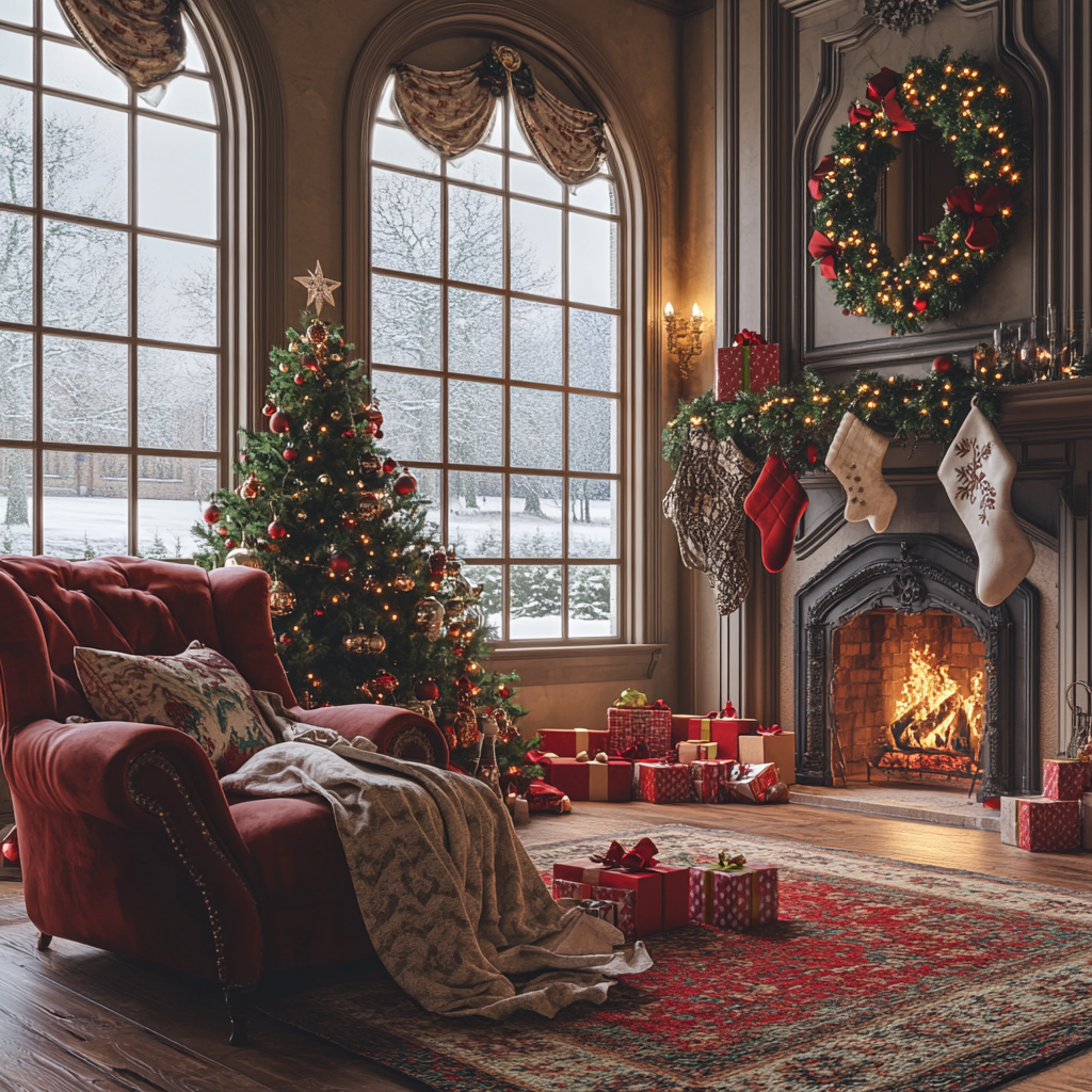 Cozy Christmas scene with Victorian furniture and snowy streets.