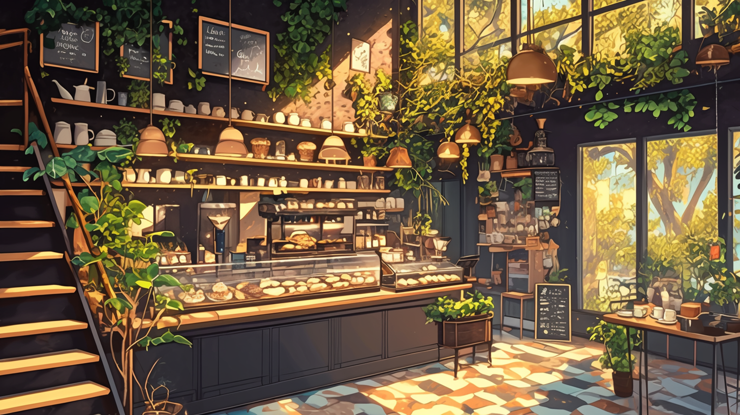 Cozy Coffee Shop Interior with Pastries and Greenery