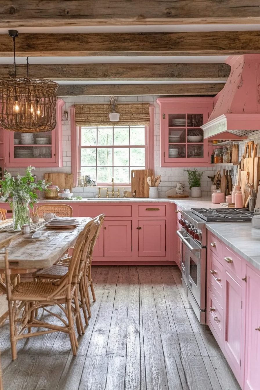 Cozy Coral Charm Kitchen with Farmhouse Vibes