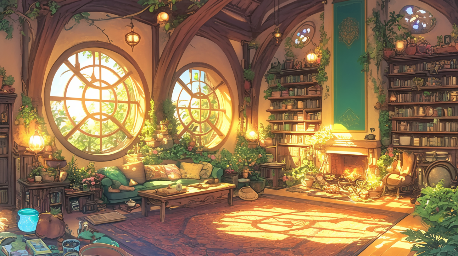 Cozy Fantasy Room, Ghibli Style, Enchanting Atmosphere