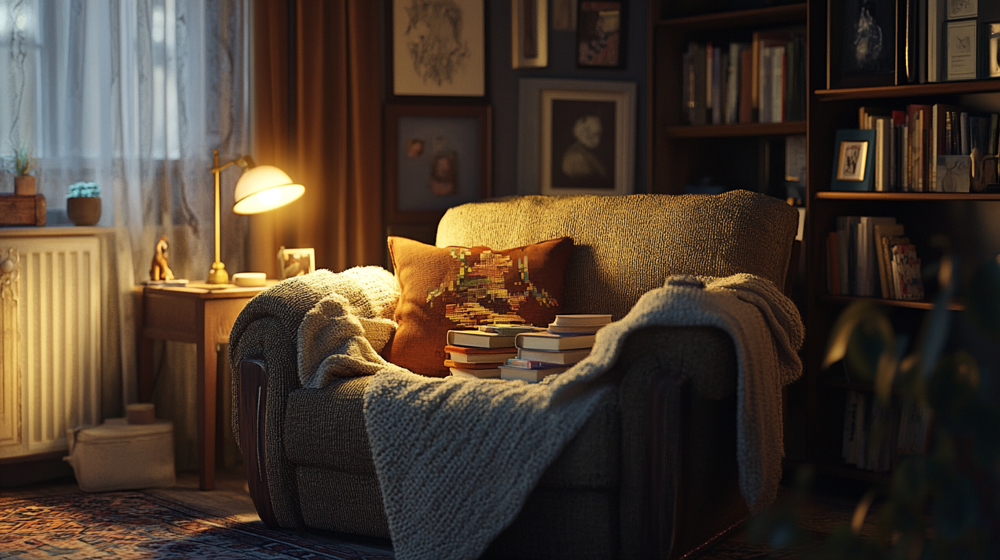 Cozy Ghibli style reading nook with cushions/books/lamp.