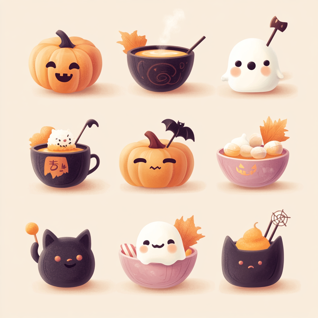 Cozy Halloween icons in soft pastel colors