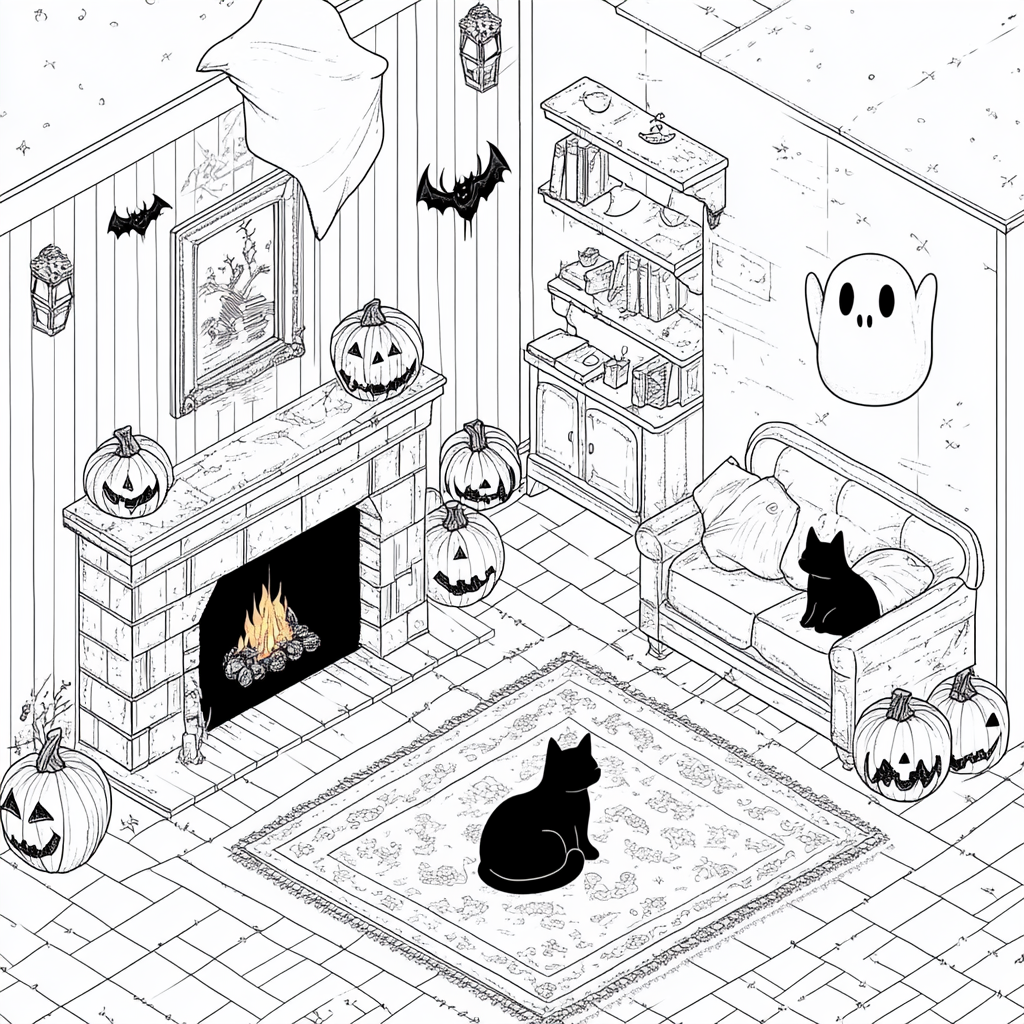 Cozy Halloween living room with jack-o'-lanterns, black cat.