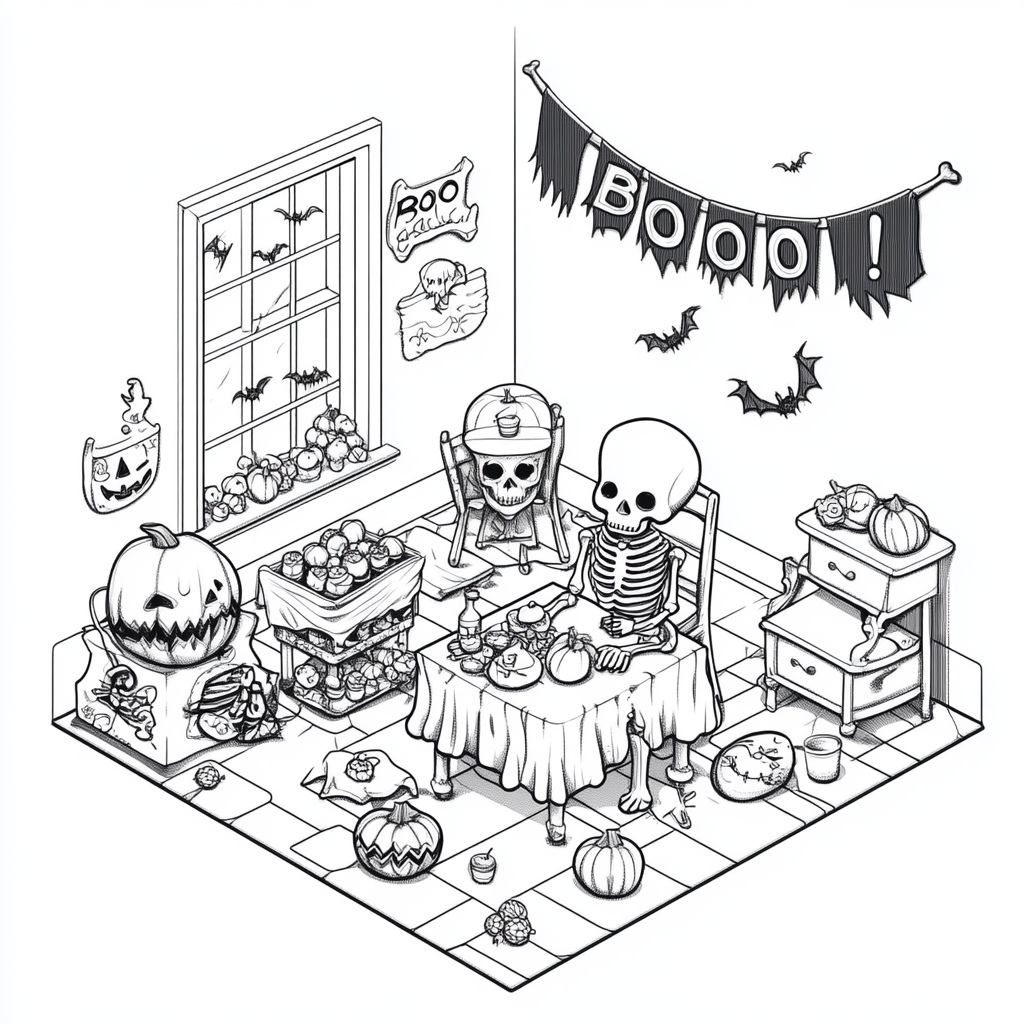 Cozy Halloween party scene with skeleton, treats, 'Boo!' banner.