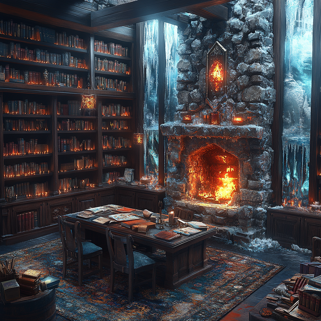 Cozy Icebound Library with Mystical Artifacts and Magical Atmosphere. 