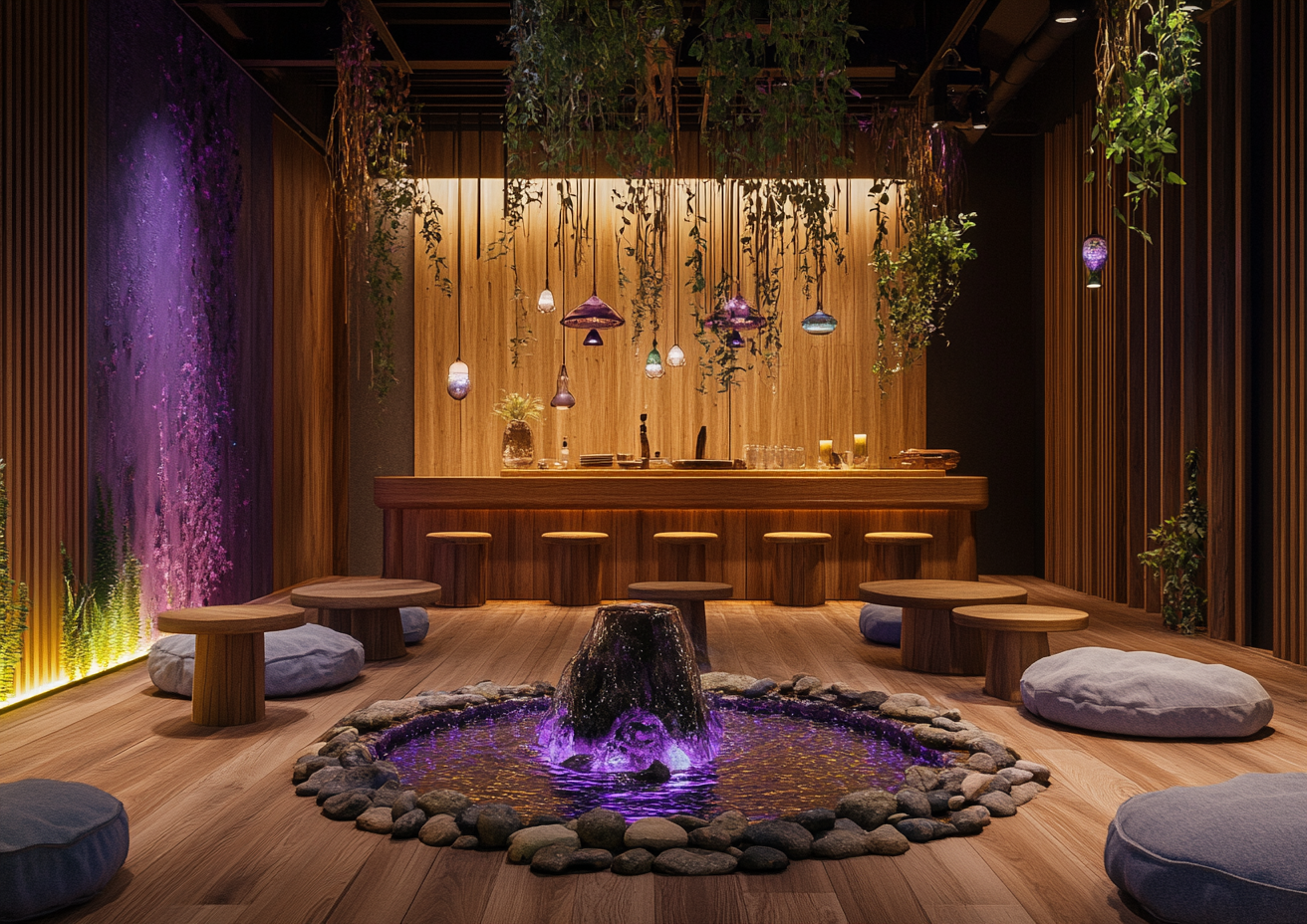 Cozy Japanese Tea House with Psychedelic Mushroom Motifs