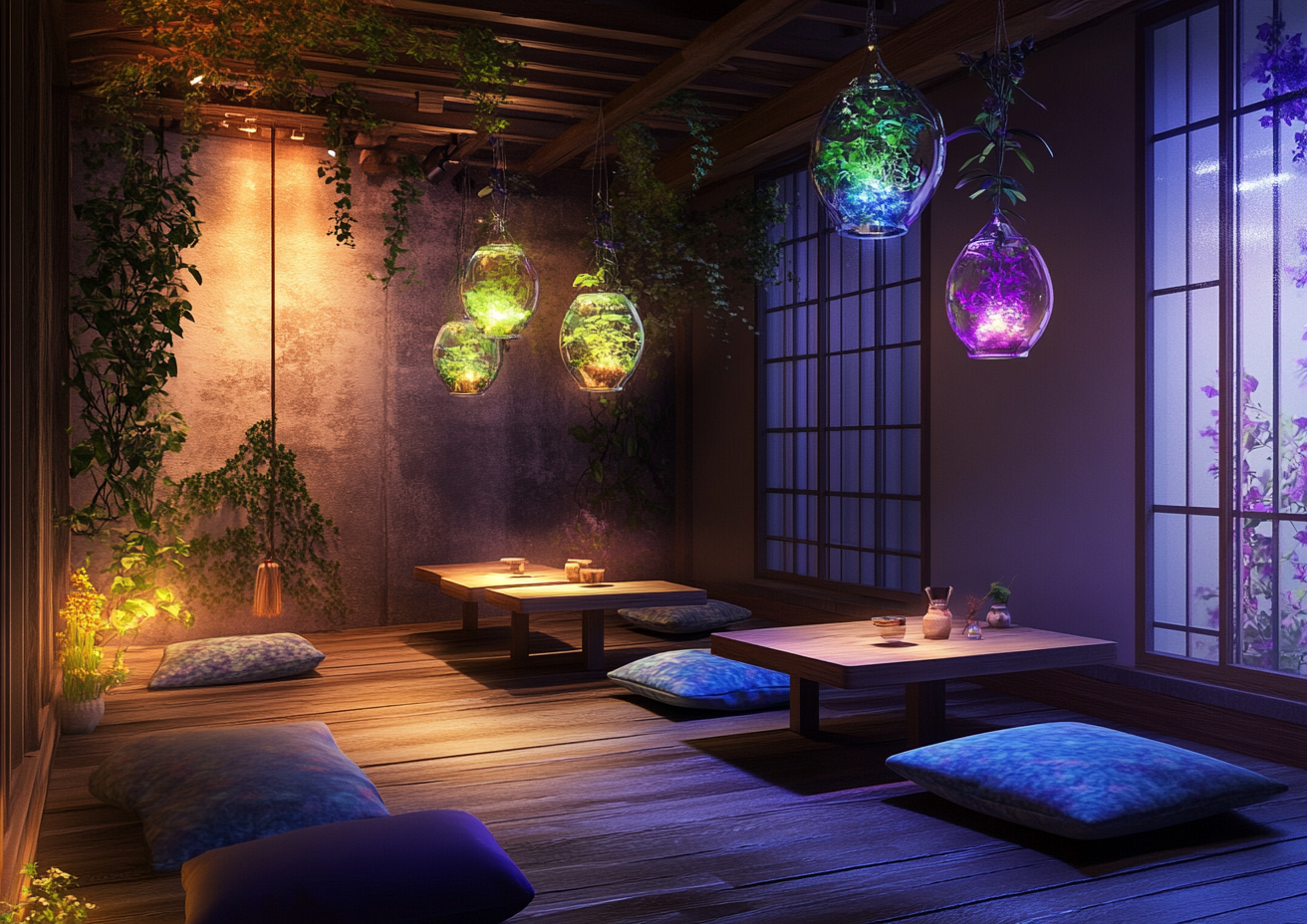 Cozy Japanese tea house with ambient lighting and cushions