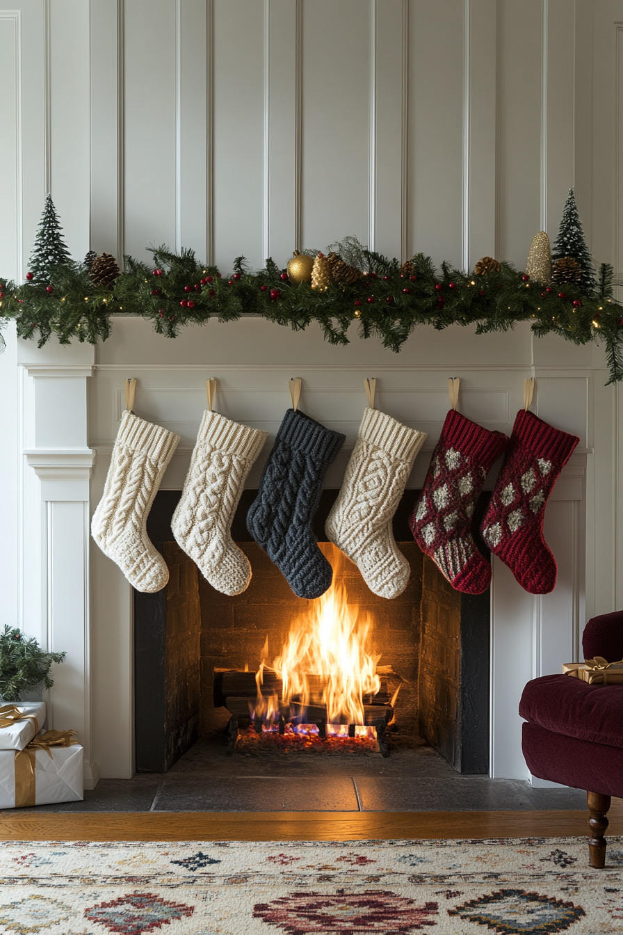 Cozy Knit Stockings Warmly Decorate Holiday Fireplace