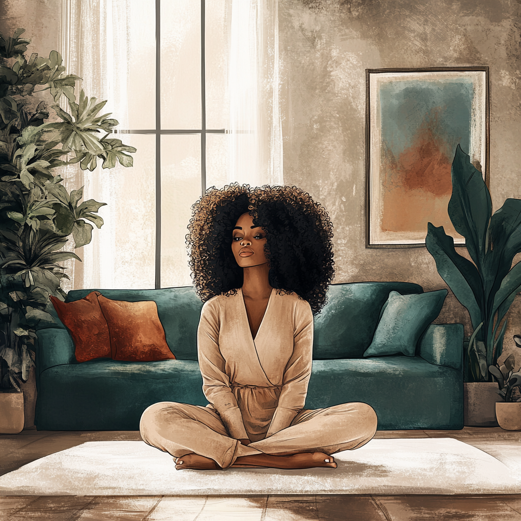 Cozy Living Room Scene with Black Woman 