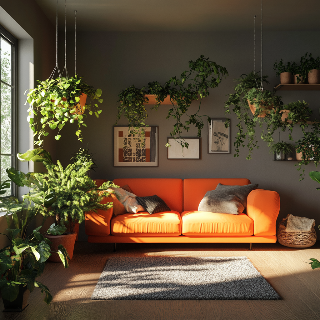 Cozy Living Room with Green, Orange, and Gray Tones