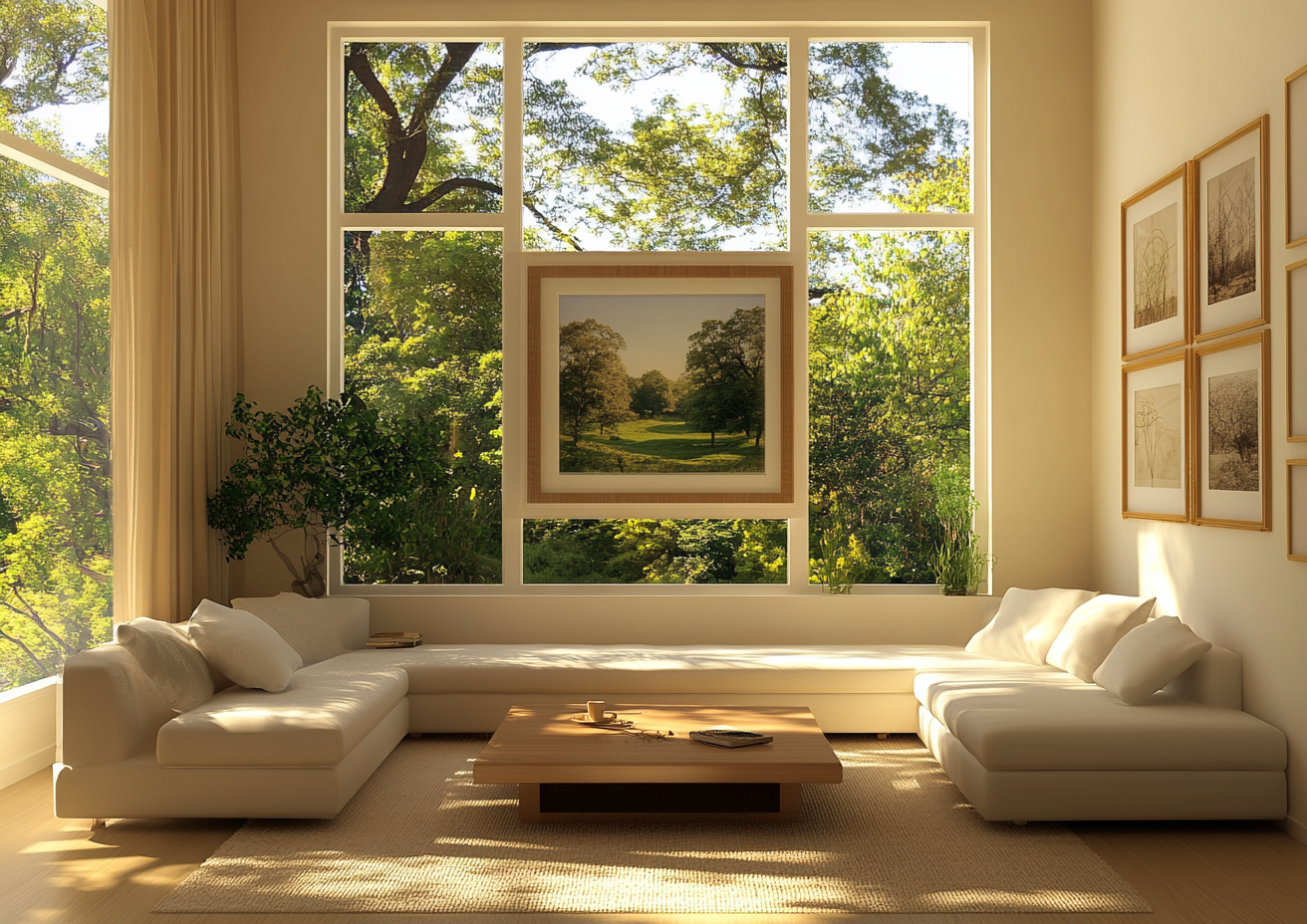 Cozy Living Room with Large Mirror Beside Window