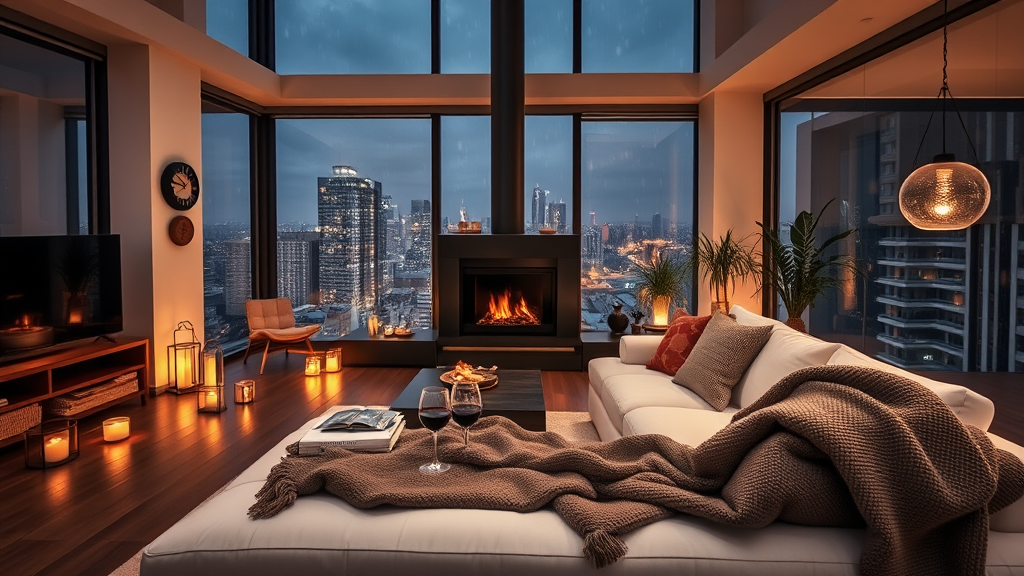 Cozy Modern Apartment Interior with Autumn Night View