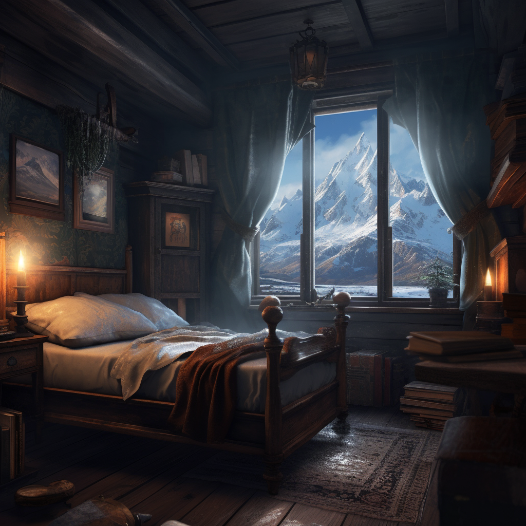 Cozy Nordic Mountain Town Bedroom in Timeless Fantasy World