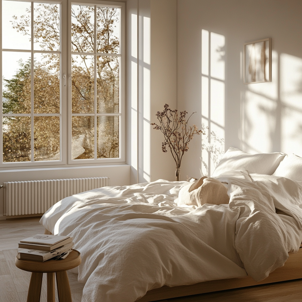 Cozy Nordic bedroom with light wooden furniture.