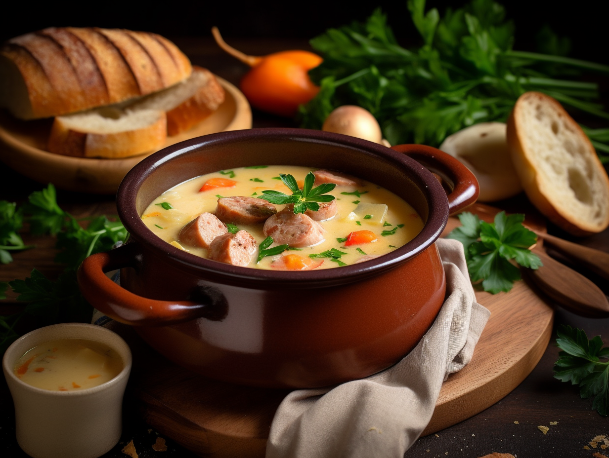 Cozy Potato and Sausage Soup in Rustic Setting