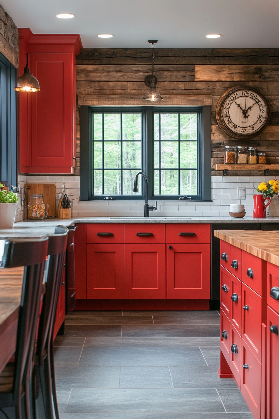 Cozy Red Kitchen with Wooden Table and Chairs